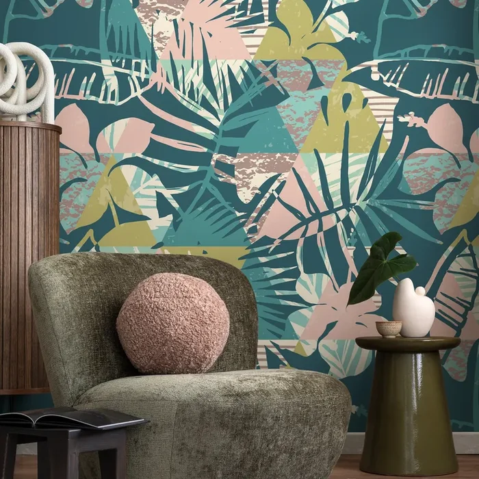 Abstract Tropical Wallpaper With Geometric Foliage In Teal, Pink, And Green – A893