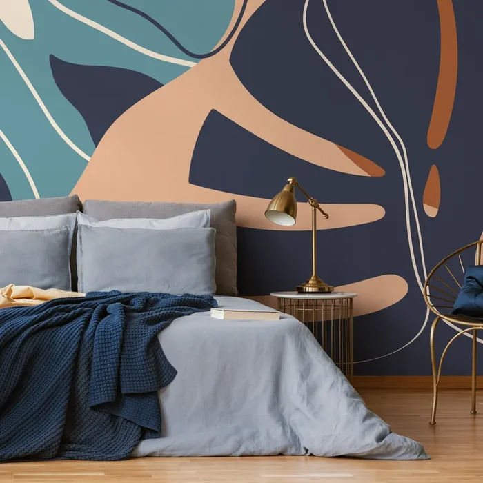 Abstract Wallpaper Featuring A Stylized Leaf In Navy Blue, Tan, And Teal – C059