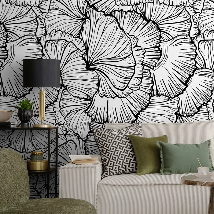 Abstract Wallpaper Featuring Large Graphic Leaves In Black And White – A524