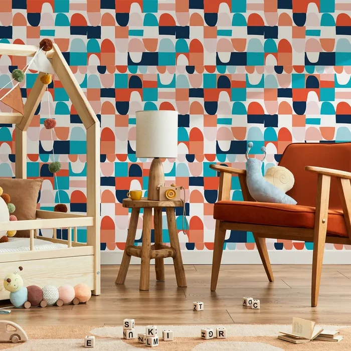 Abstract Wallpaper With A Block Print Motif In Teal, Orange, And Navy Blue – B833