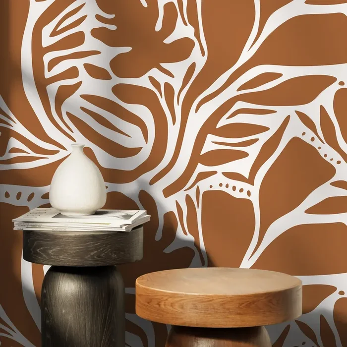 Abstract Wallpaper With A Bold Botanical Motif In Orange And White – D641