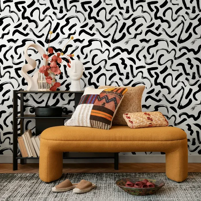 Abstract Wallpaper With A Bold Brushstroke Motif In Black And White – B594