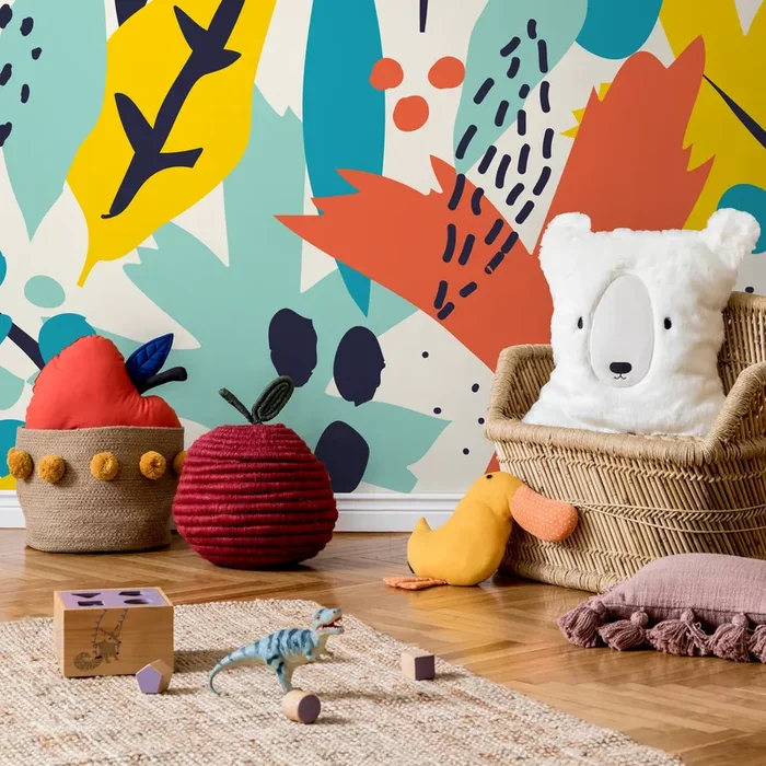 Abstract Wallpaper With A Bold Collage Motif In Yellow, Teal, And Orange – B990