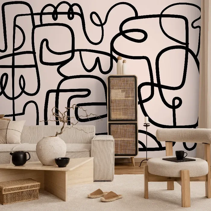 Abstract Wallpaper With A Bold Continuous Line Motif In Black And Beige – B762