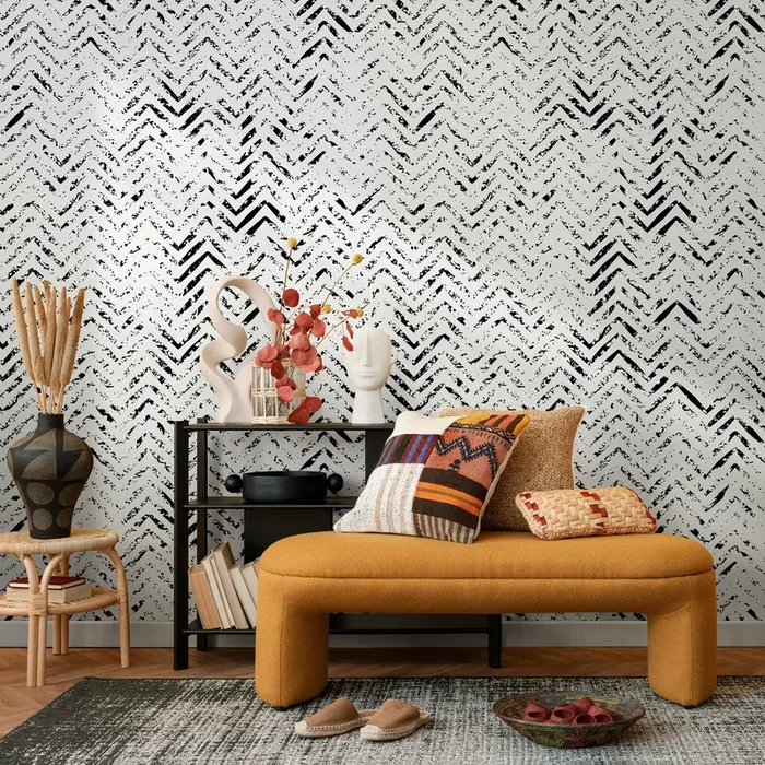 Abstract Wallpaper With A Distressed Herringbone Motif In Black And White – A559