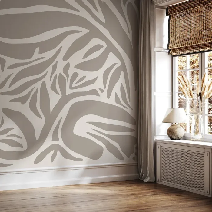 Abstract Wallpaper With A Flowing Botanical Motif In Taupe And Beige – D630