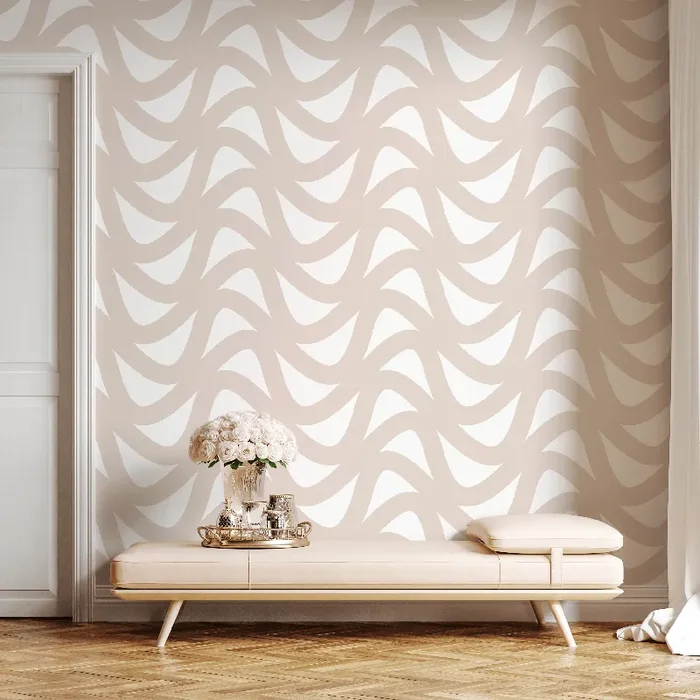 Abstract Wallpaper With A Flowing Wave Motif In Beige And Cream – B945