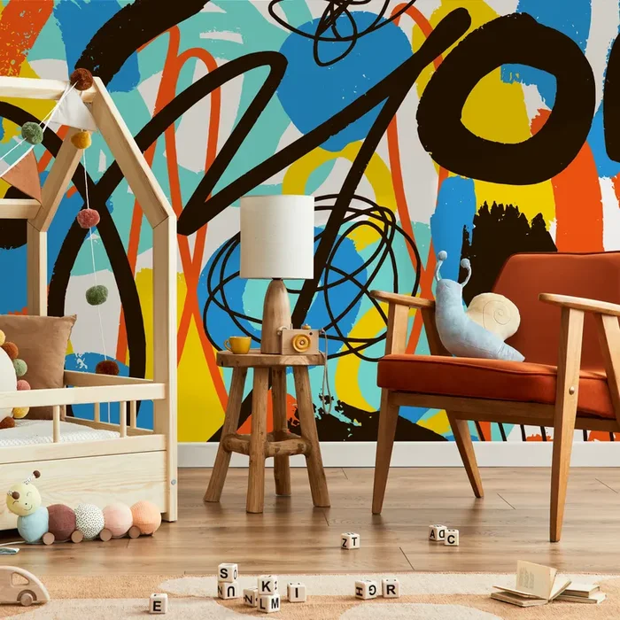 Abstract Wallpaper With A Graffiti Scribble Motif In Blue, Yellow, And Orange – B873