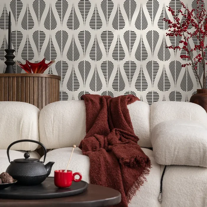 Abstract Wallpaper With A Mid-century Striped Motif In Black And Cream – C328
