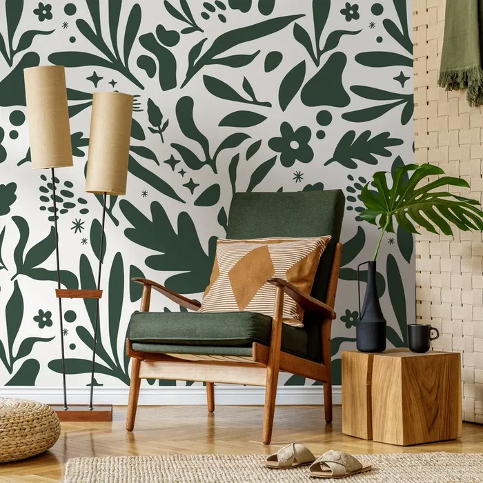 Abstract Wallpaper With A Modern Botanical Motif In Dark Green – B924