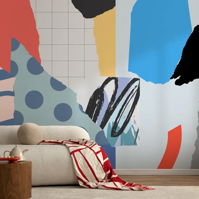Abstract Wallpaper With A Modern Collage Motif In Red, Blue, And Yellow – B182
