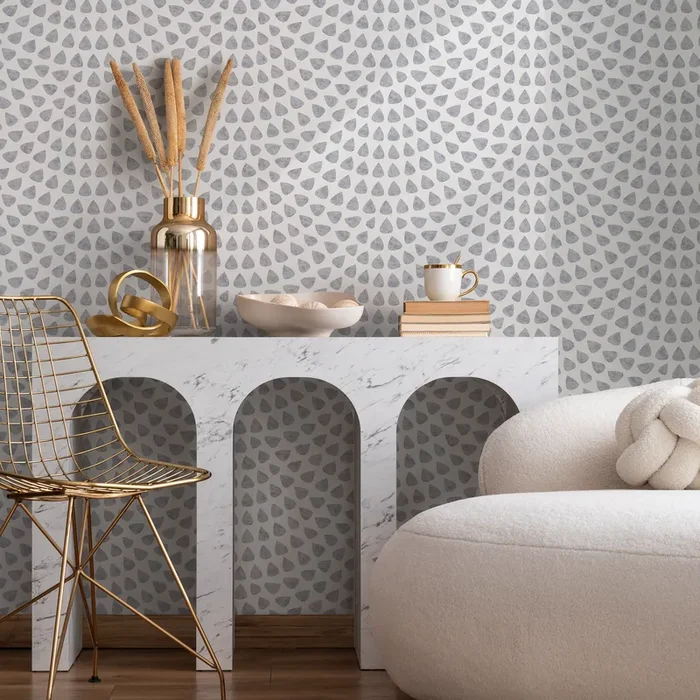 Abstract Wallpaper With A Scalloped Teardrop Motif In Gray – A064