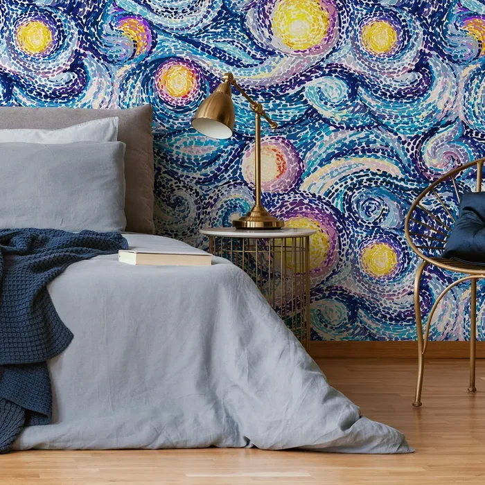 Abstract Wallpaper With A Starry Night Mosaic In Blue And Yellow – C155