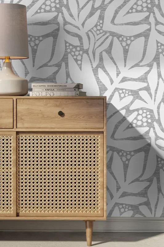 Abstract Wallpaper With A Stylized Leaf Motif In Gray And White – X181