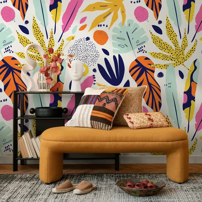 Abstract Wallpaper With A Tropical Leaf Collage In Yellow, Pink, And Blue – B196