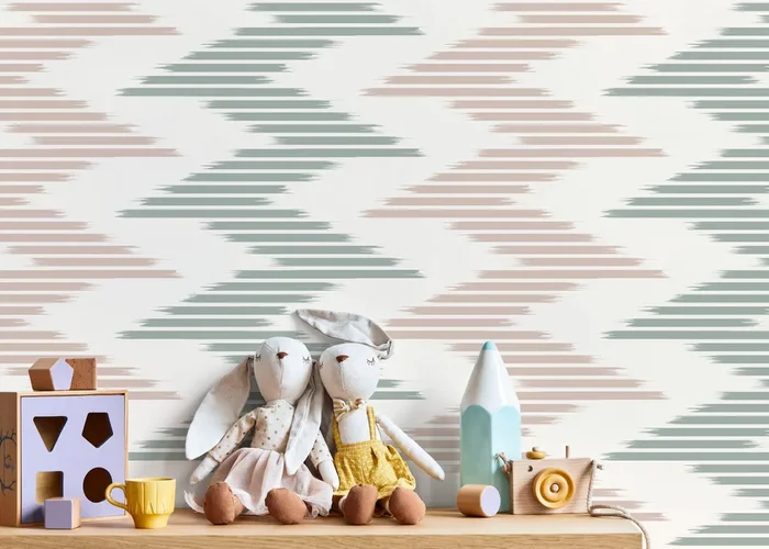 Abstract Wallpaper With An Ikat Stripe Motif In Sage Green And Dusty Rose – D206