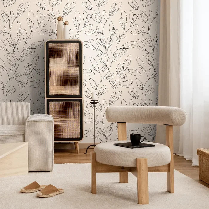 Abstract Wallpaper With Boho Leaf Line Art In Black And Beige – C355
