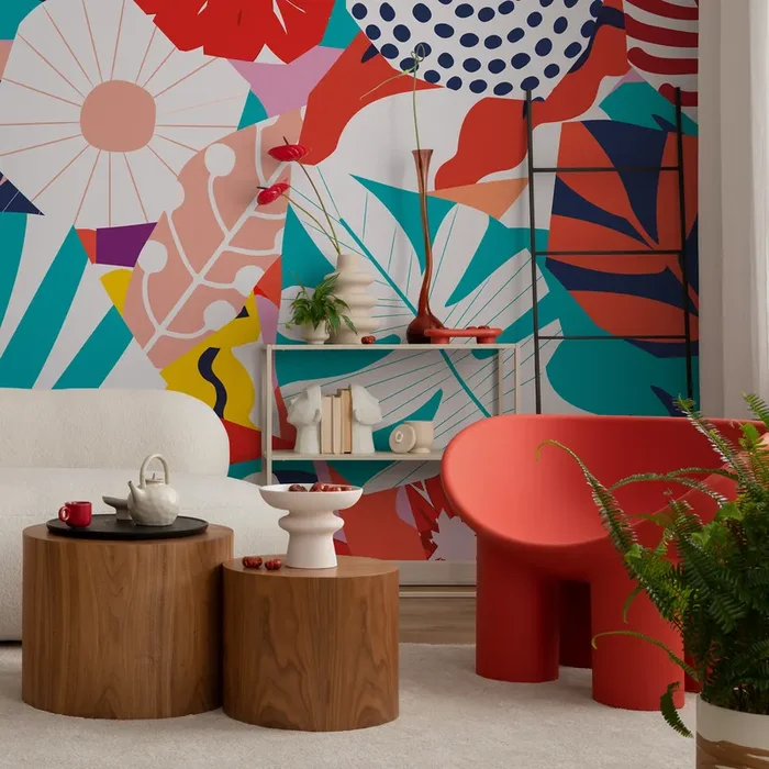 Abstract Wallpaper With Bold Floral Shapes In Red, Teal, And Blue – C086