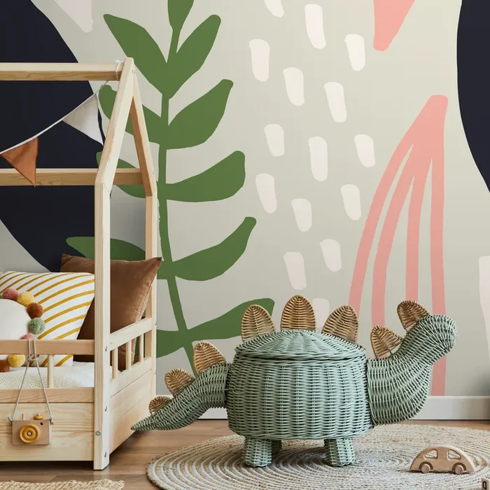 Abstract Wallpaper With Botanical Shapes In Green, Pink, And Navy – B465