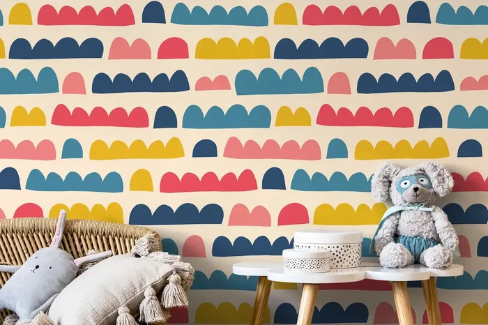 Abstract Wallpaper With Colorful Scalloped Shapes In Blue, Red, And Yellow – D338