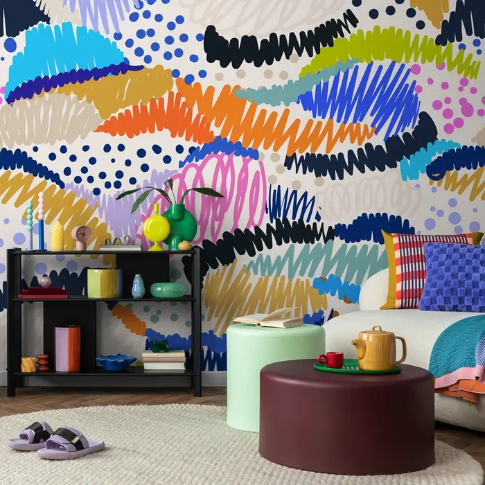 Abstract Wallpaper With Colorful Scribbles In Orange, Blue, And Pink – C141