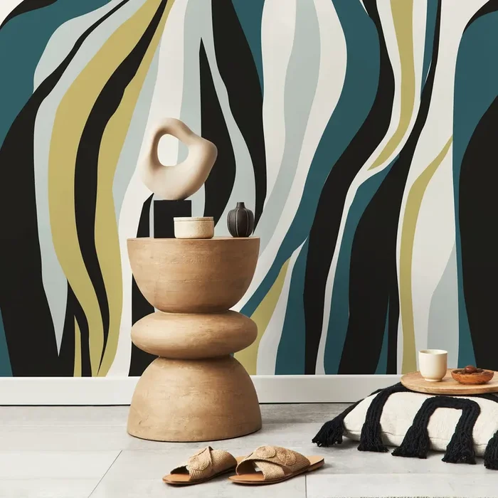 Abstract Wallpaper With Flowing Organic Stripes In Teal, Yellow, And Black – D615