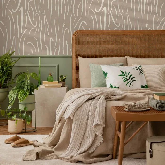 Abstract Wallpaper With Flowing Wavy Lines In Beige And Cream – D617