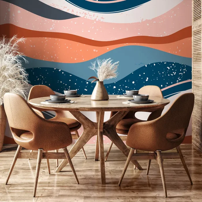Abstract Wallpaper With Layered Wavy Shapes In Blue, Terracotta, And Pink – B842