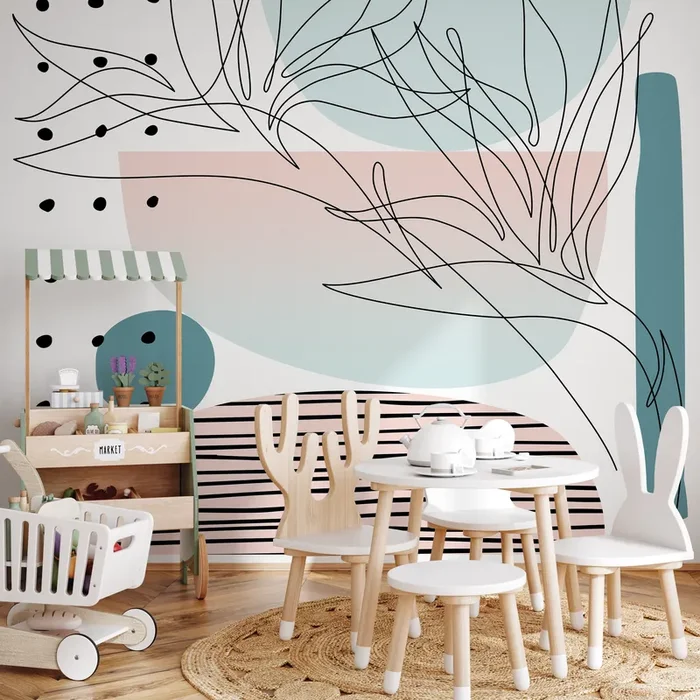 Abstract Wallpaper With Modern Line Art In Pink, Teal, And Black – B511