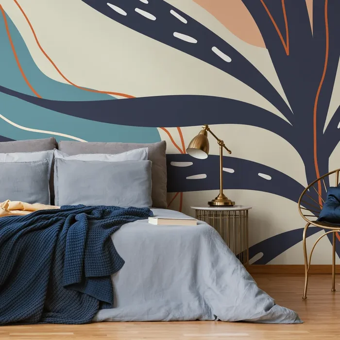 Abstract Wallpaper With Organic Leaf Shapes In Navy Blue, Teal, And Terracotta – C060