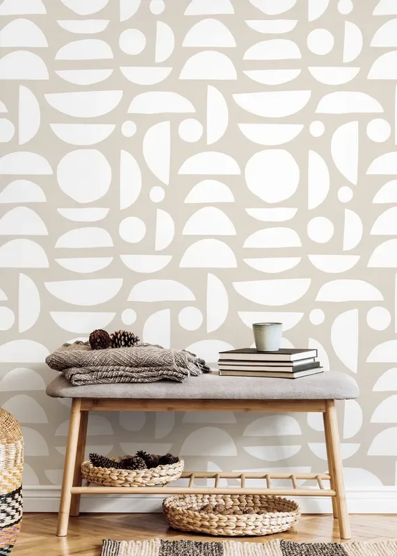 Abstract Wallpaper With Organic Semi-circle Shapes In Beige And White – D012