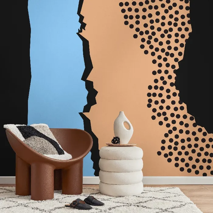 Abstract Wallpaper With Polka Dots And Jagged Shapes In Black, Blue, And Tan – B497
