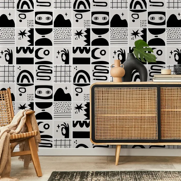 Abstract Wallpaper With Tiled Hand-drawn Motifs In Black And Light Gray – B923