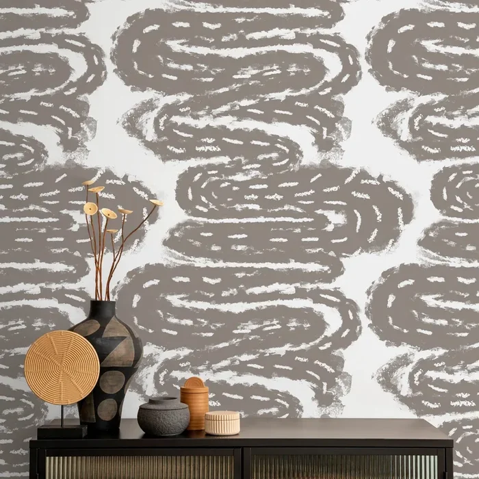 Abstract Wallpaper With Winding Brush Strokes In Taupe – X112
