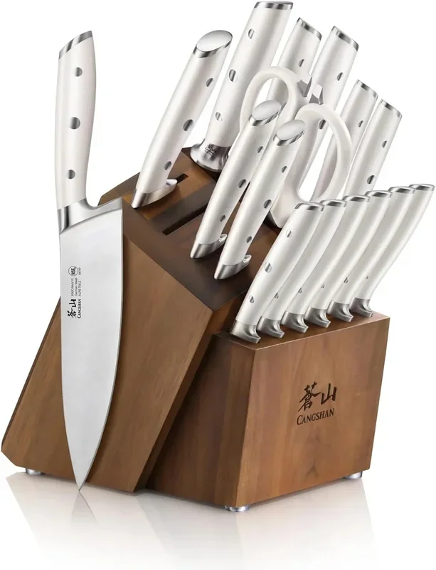 Alps Series German Steel Forged 17-Piece Knife Block Set, Acacia (White)
