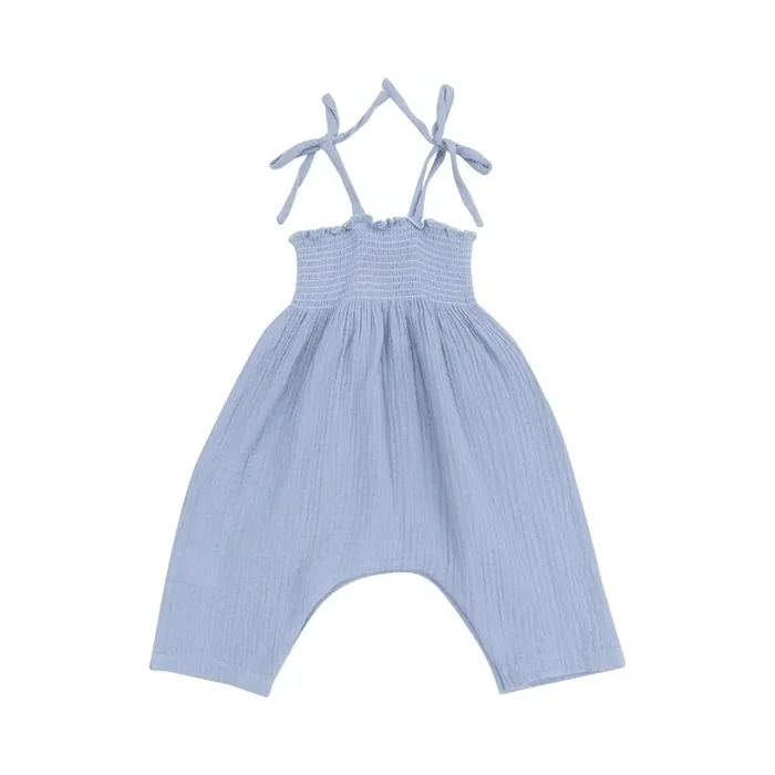 Angel Dear – Organic Smocked Tie-Shoulder Romper – Dusty Blue