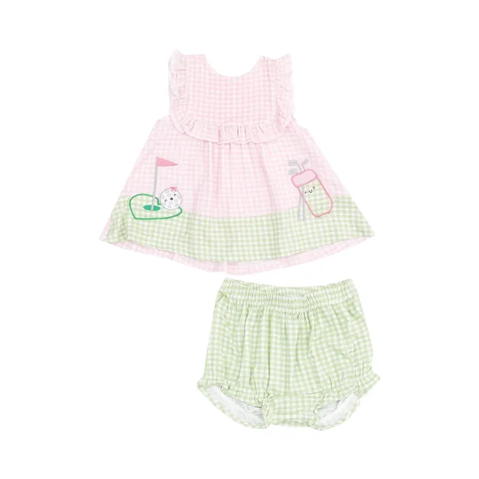 Angel Dear Ruffle Top w/ Applique & Bloomer | Golf Mini Gingham Pink