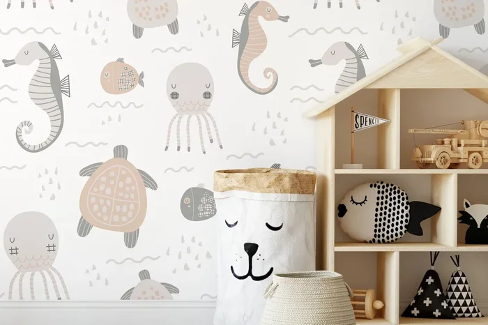 Animal Wallpaper Featuring Sea Creatures In Neutral Gray And Pink – D113