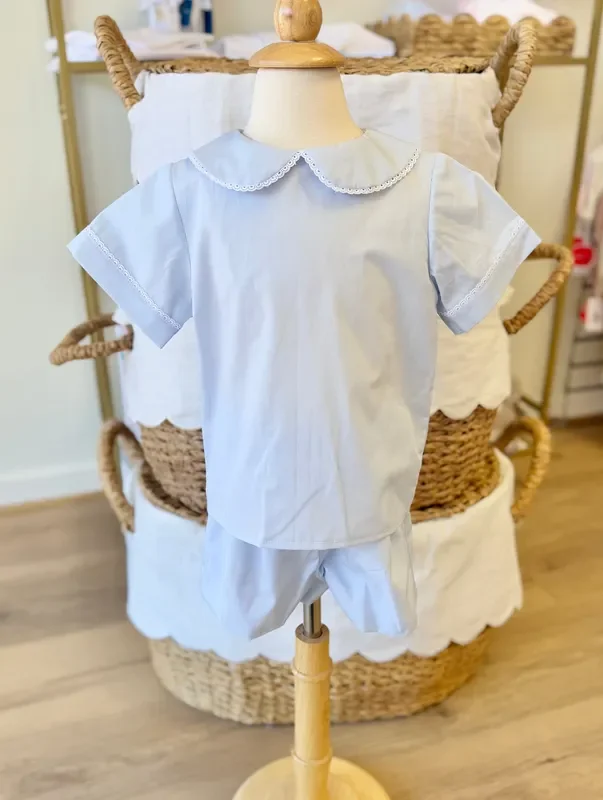 Anvy Kids Pale Blue Short Set with Lace Tatting