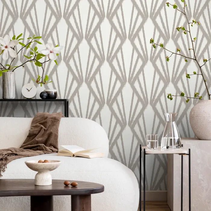 Art Deco Wallpaper With A Geometric Ikat Pattern In Beige – C756