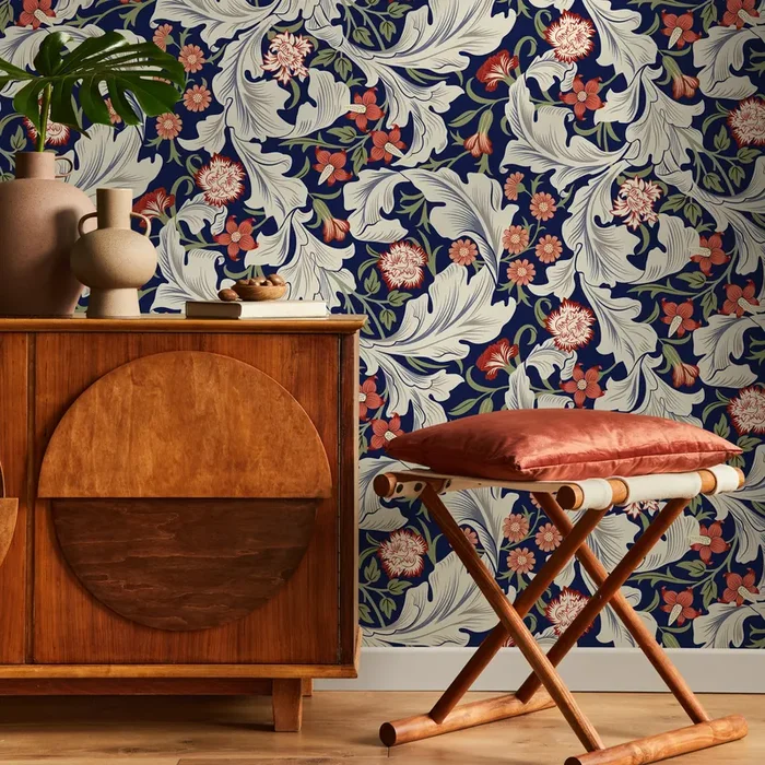 Arts And Crafts Wallpaper Featuring Florals In Blue, Red, And Cream – C995