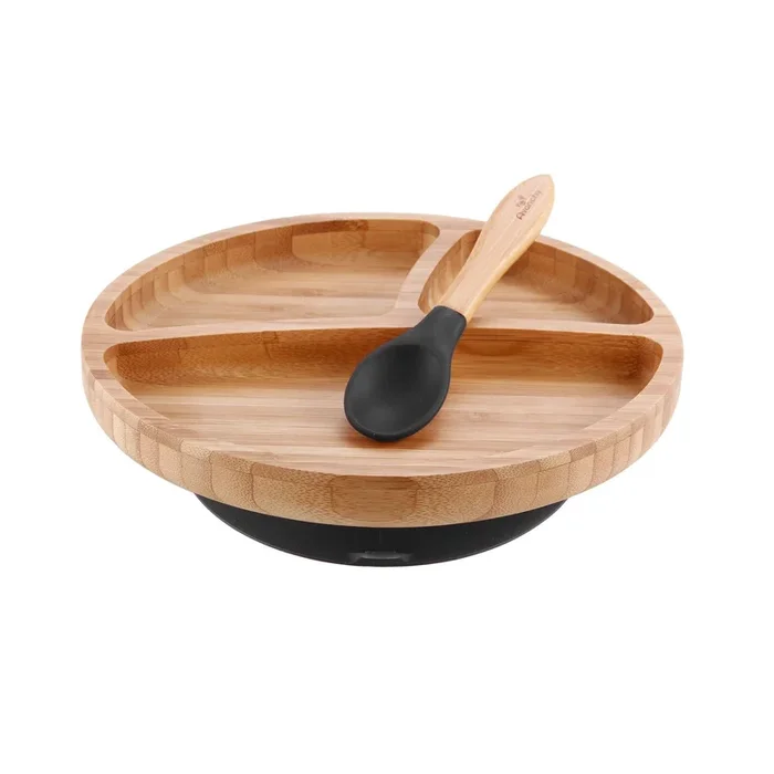 Avanchy Bamboo Stay Put Suction Divided Plate & Spoon – Black