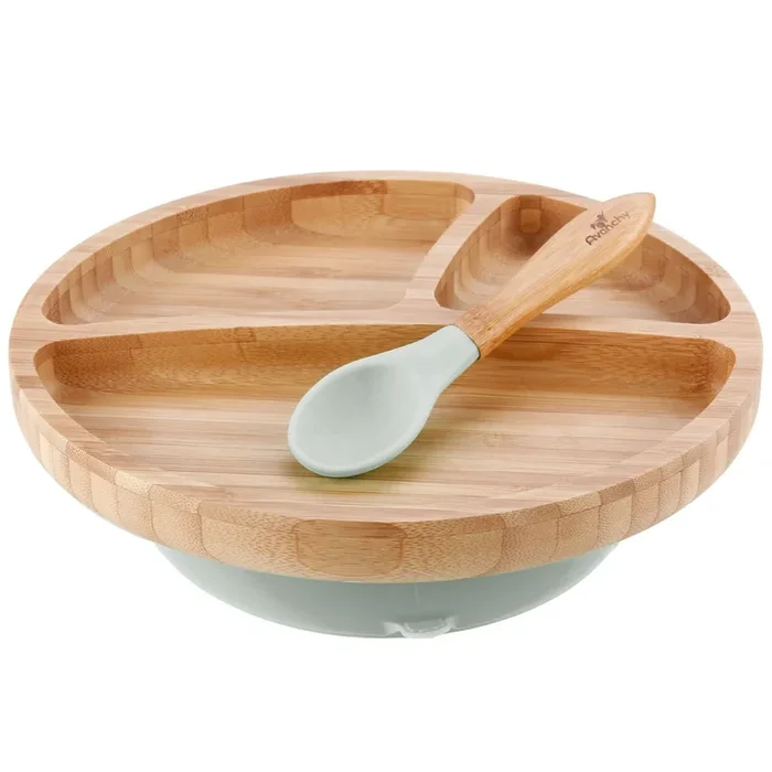 Avanchy Bamboo Stay Put Suction Divided Plate & Spoon – Gray