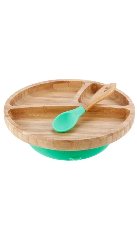 Avanchy Toddler Bamboo Stay Put Suction Plate & Spoon – Green
