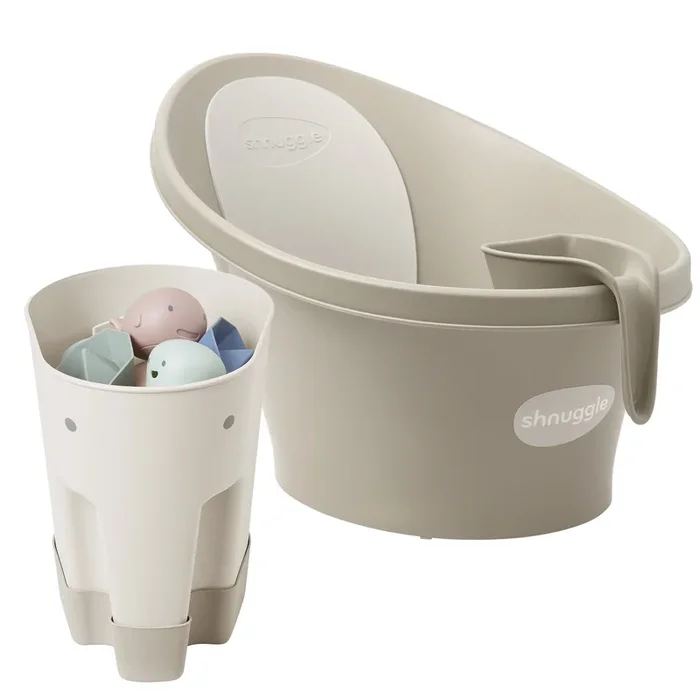 Baby Bathtime Essentials Bundle | Newborn Baby Bath with Support, Rinse Jug, and Ellie Bath Toy Scoop – Taupe