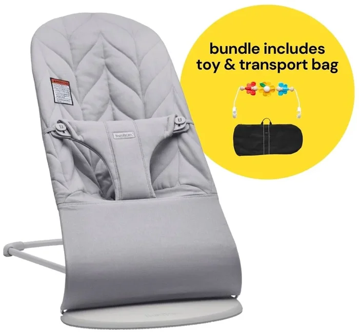 BabyBjorn Bouncer + Flying Friends Toy Bar + Transport Bag Bundle – Bliss, Petal Quilt Cotton Light Gray