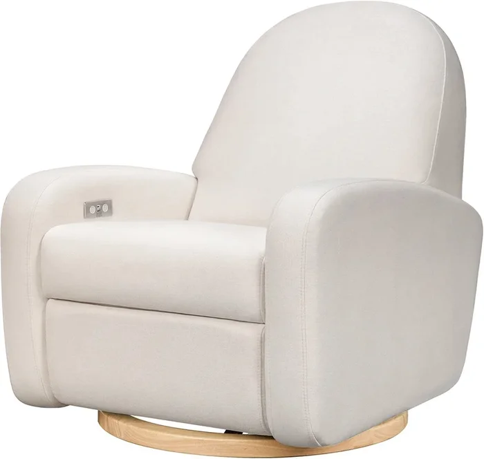 Babyletto Nami Electronic Swivel Glider Recliner w/ USB – Performance Cream Eco-Weave w/ Light Wood Base