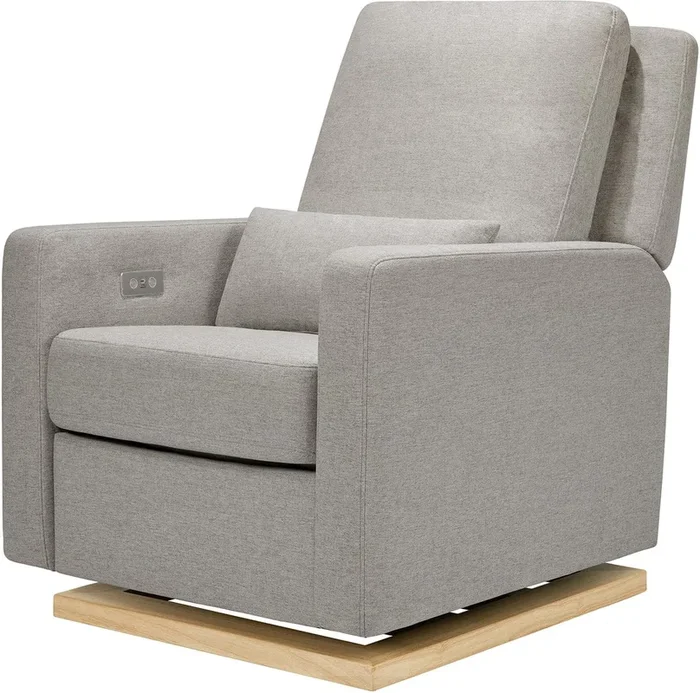 Babyletto Sigi Electronic Glider Recliner w/USB – Performance Grey Eco-Weave w/Light Wood Base