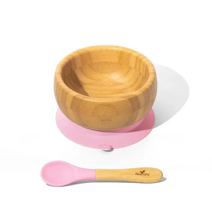 Bamboo & Silicone Baby Suction Bowl + Spoon – pink