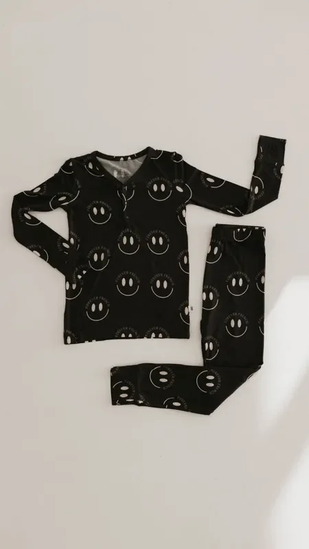 Bamboo Two Piece Pajamas | Charcoal & White Ff Smile
